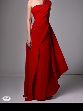 CS Couture One-Shoulder Red Evening Gown - Size 12